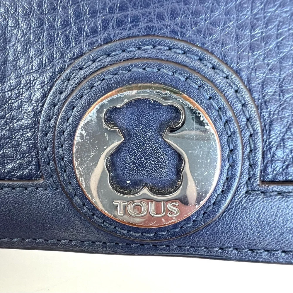 TOUS Navy Pebbled Genuine Leather Silver Bear Tous Logo Scarf and Flap Wallet